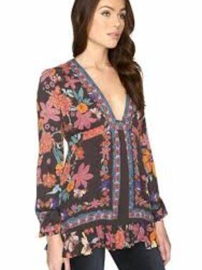 Free‎ People Navy Floral Tie-Neck Tunic with Blue & Orange Flowers Size 2